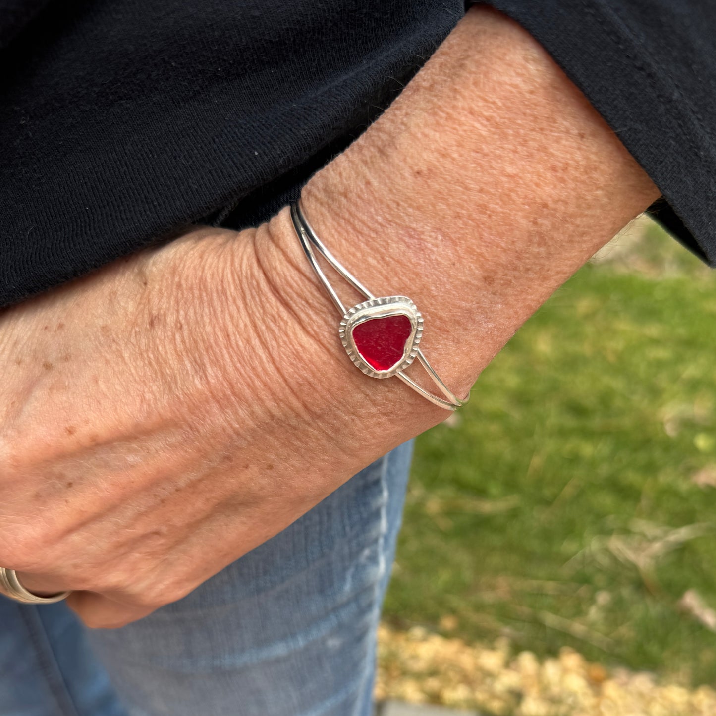 Red Sea Glass Open Silver Cuff Bracelet