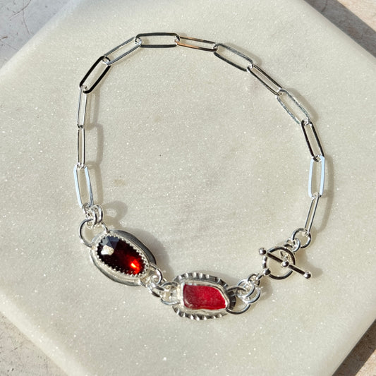 Red Sea Glass & Garnet Silver Toggle Paperclip Bracelet