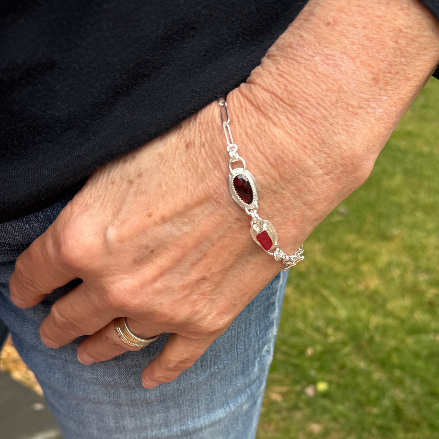 Red Sea Glass & Garnet Silver Toggle Paperclip Bracelet