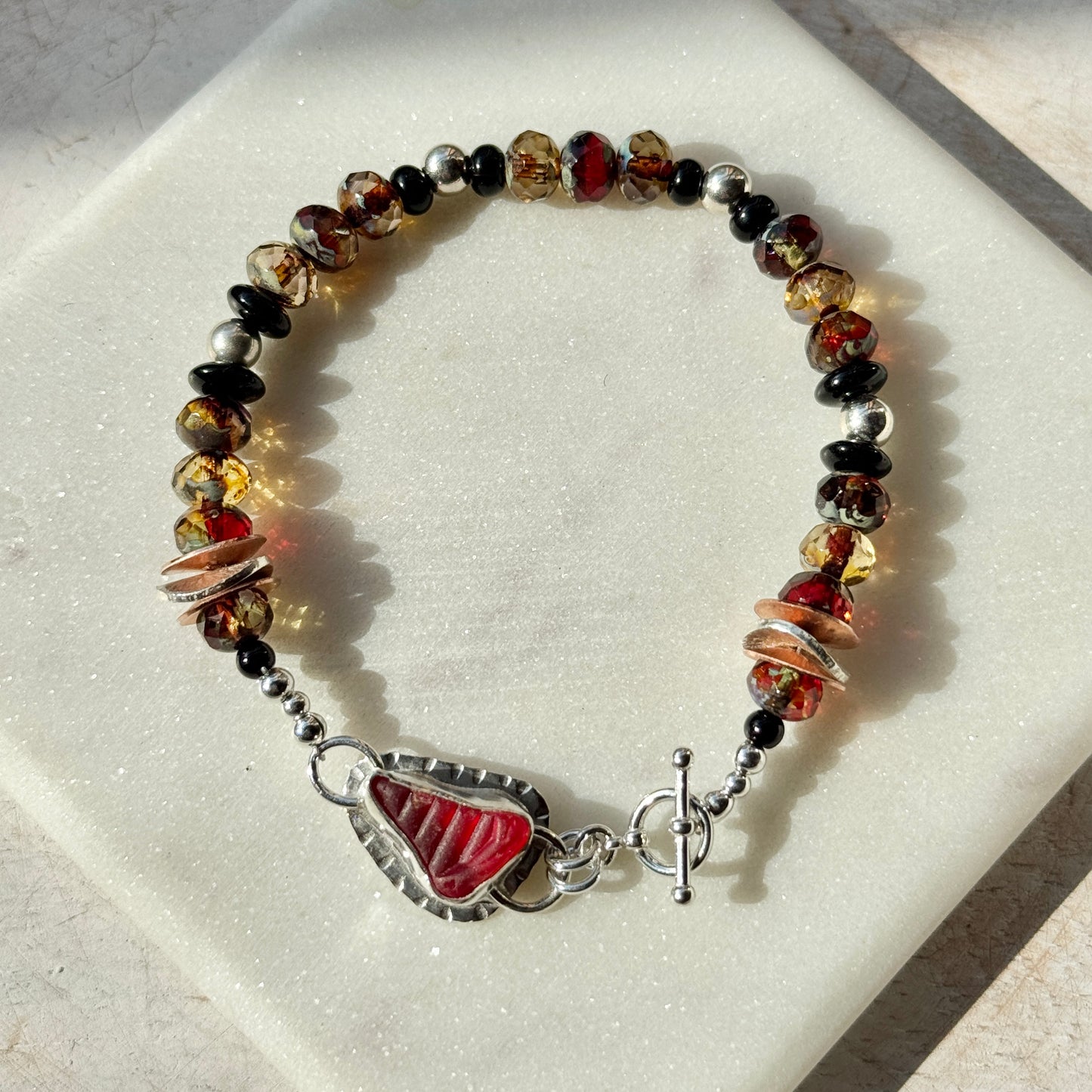 Red Sea Glass & Glass Bead Toggle Bracelet