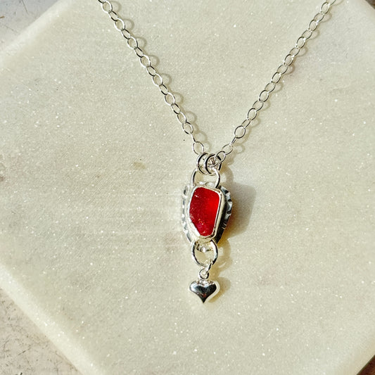 Red Sea Glass & Silver Heart Necklace
