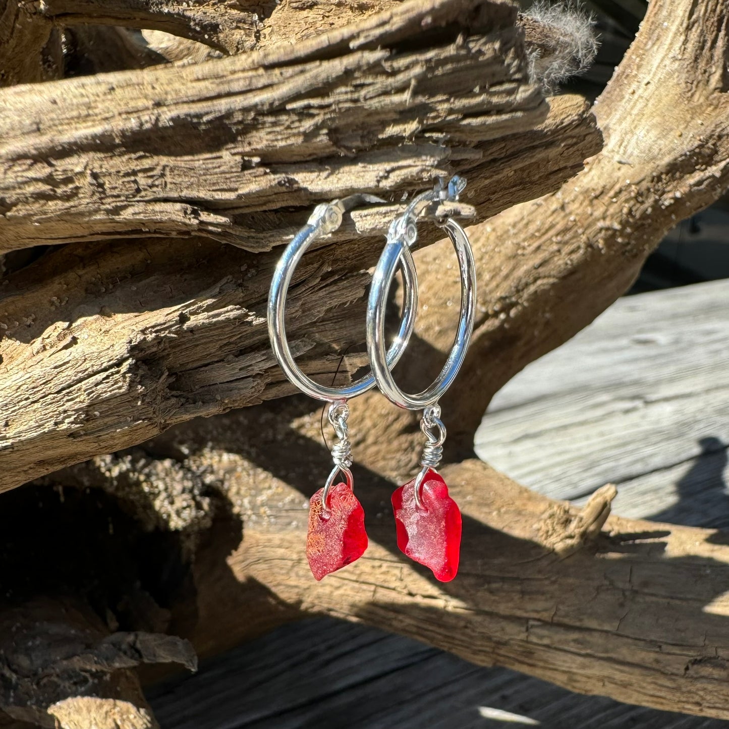 Natural Sea Glass Silver Hoop Earrings