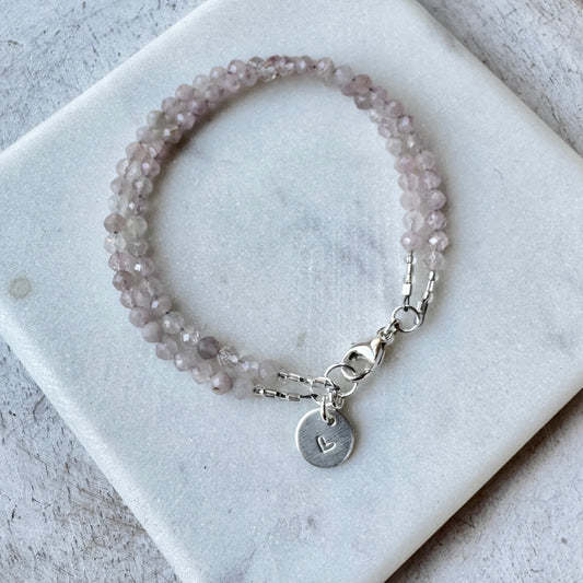 Rose Quartz Double Strand Bracelet with Sterling Silver Heart Charm