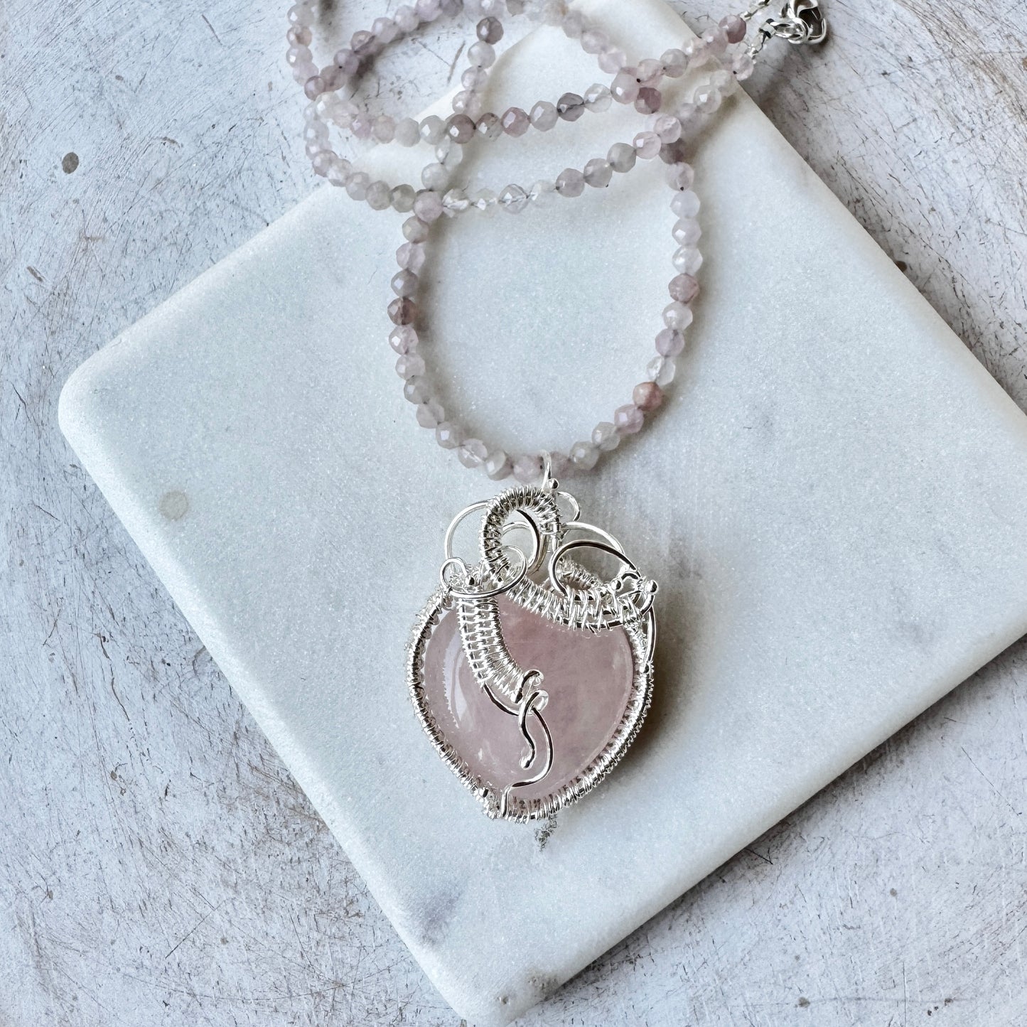 Rose Quartz Woven Silver Heart Necklace