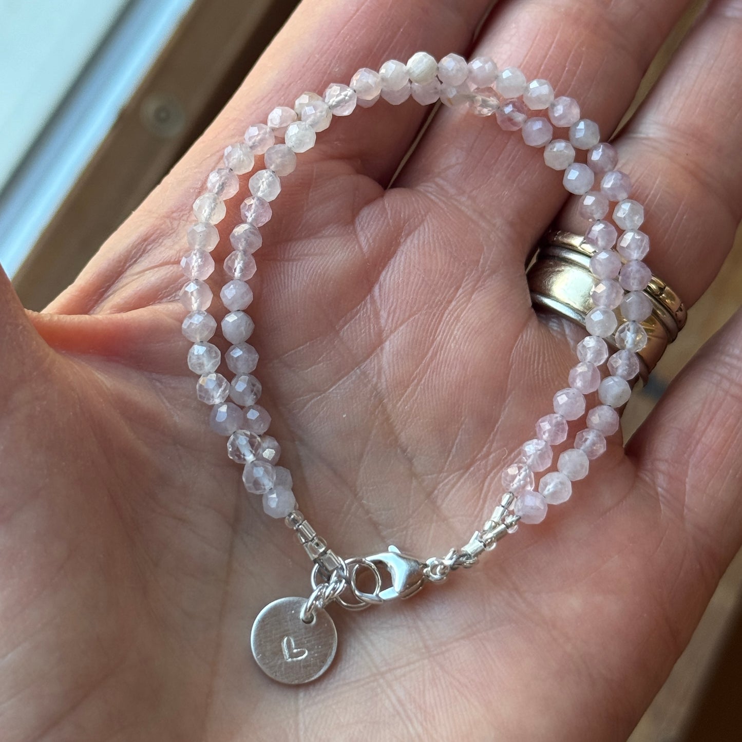 Rose Quartz Double Strand Bracelet with Sterling Silver Heart Charm