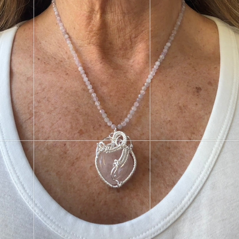 Rose Quartz Woven Silver Heart Necklace