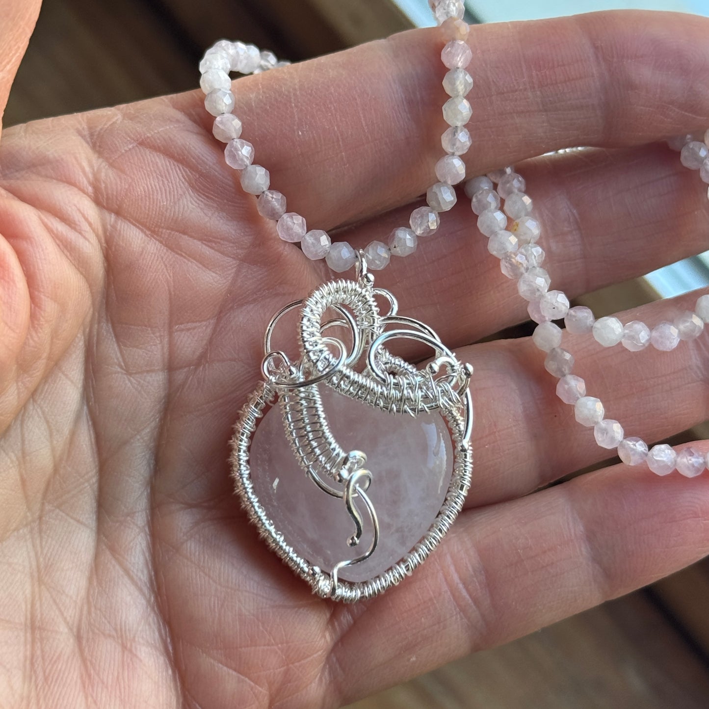 Rose Quartz Woven Silver Heart Necklace