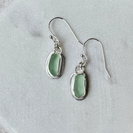 Pale Green Sea Glass Bezel Set Earrings