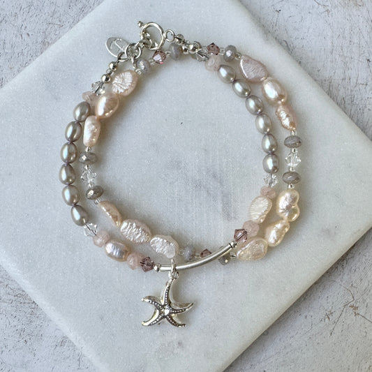Pink/Grey Pearl Bracelets with Starfish Charm (set of 2)