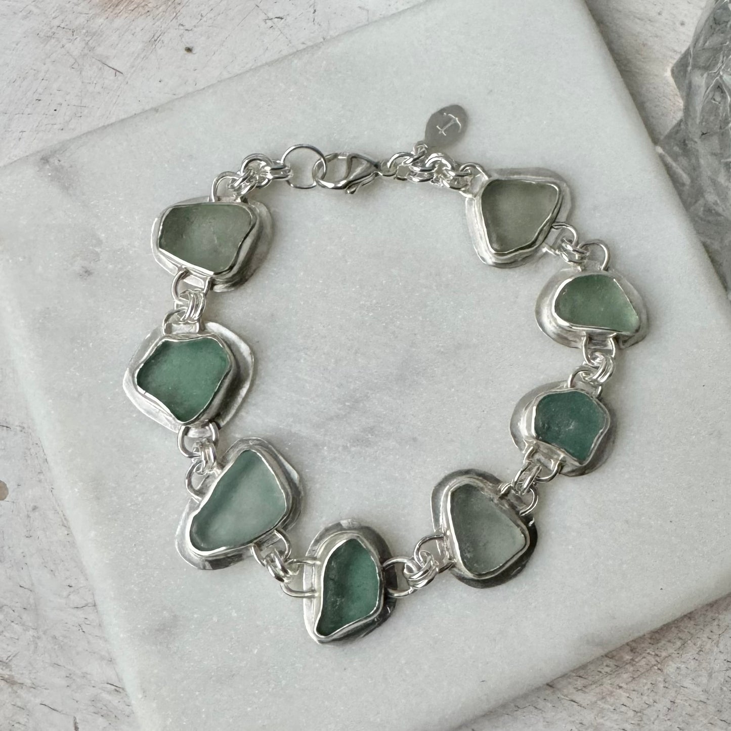 Shades of Blue Natural Sea Glass Sterling Silver Bracelet