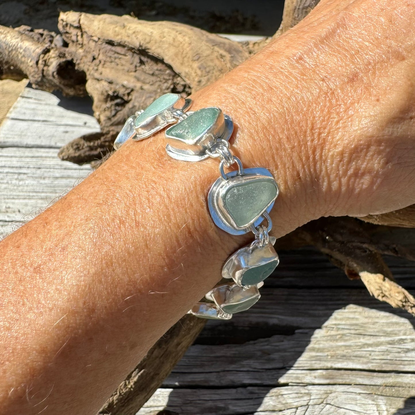 Shades of Blue Natural Sea Glass Sterling Silver Bracelet