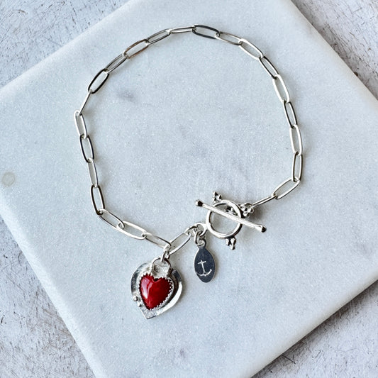 Spiny Urchin Shell Heart Sterling Silver Paperclip Bracelet