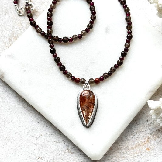 Sunstone, Garnet & Smokey Quartz Gemstone Necklace