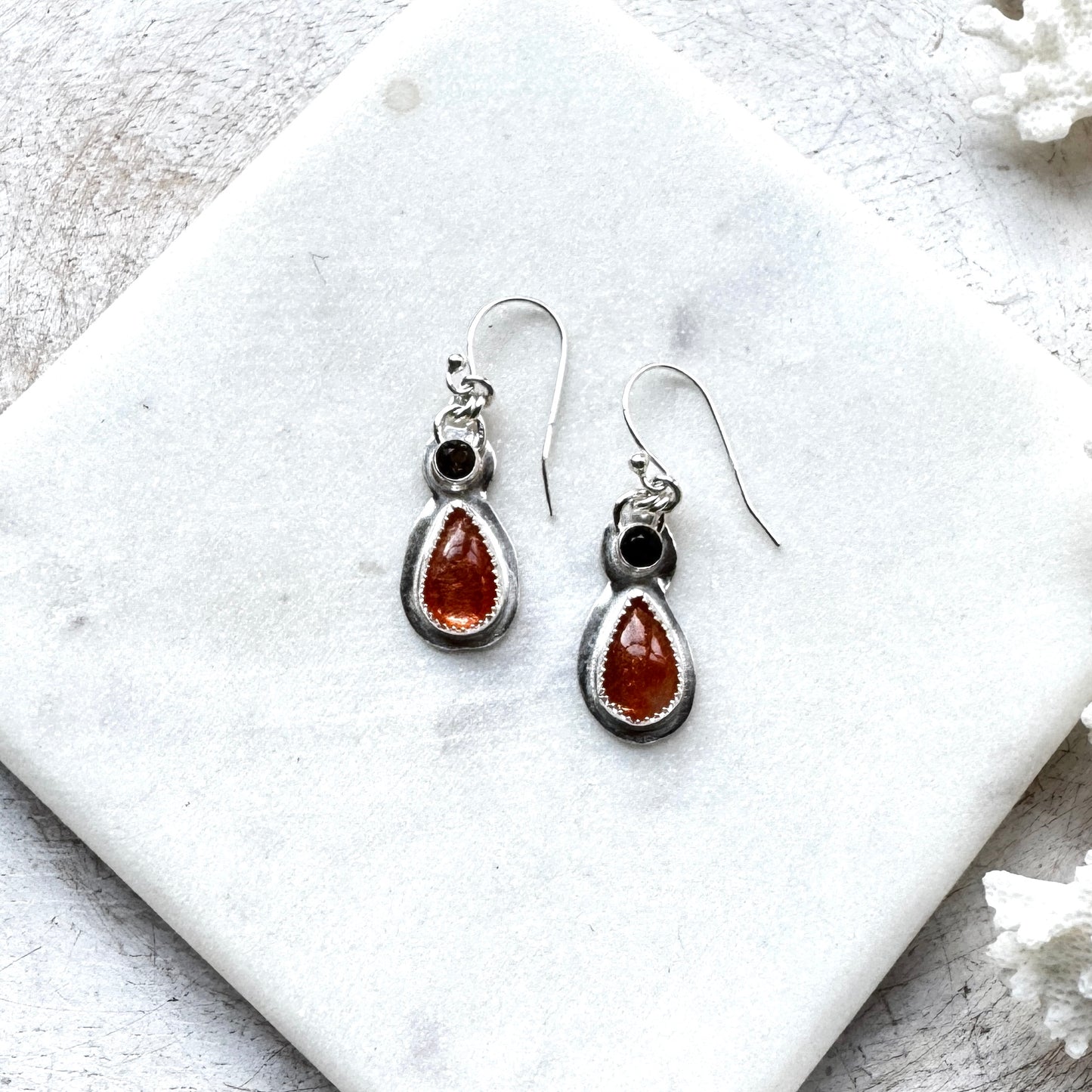 Sunstone Teardrops & Smokey Quartz Earrings