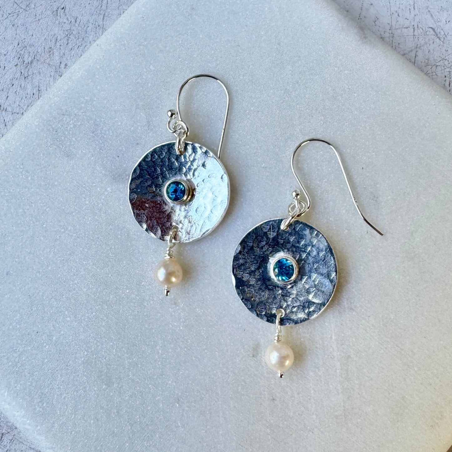 Swiss Blue Topaz & Pearl Domed Disk Earrings