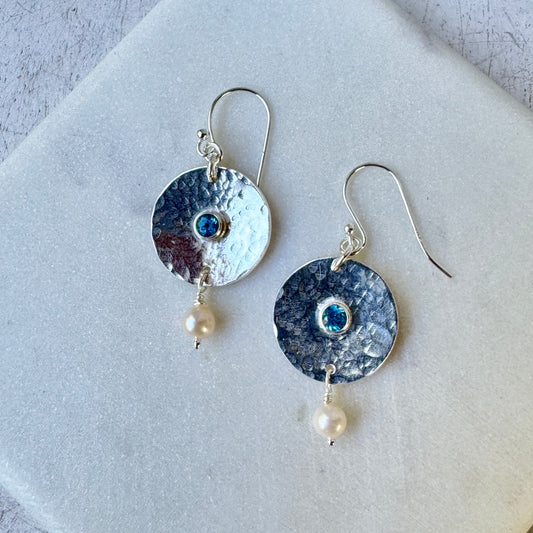 Swiss Blue Topaz & Pearl Domed Disk Earrings