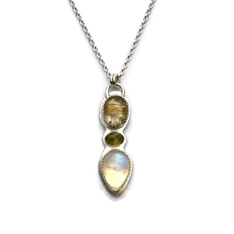 Golden Rutilated Quartz, Green Garnet & Moonstone Necklace