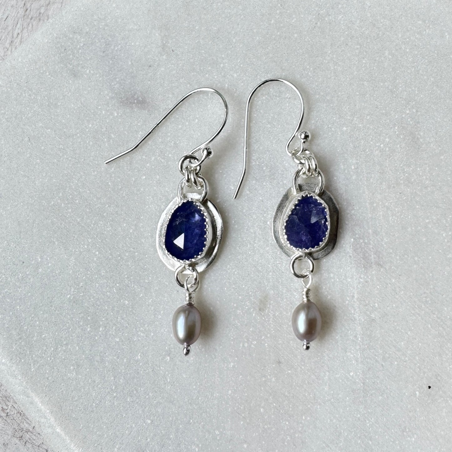 Tanzanite & Grey Freshwater Pearl Earrings