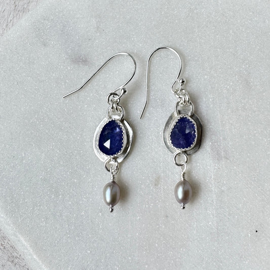 Tanzanite & Grey Freshwater Pearl Earrings
