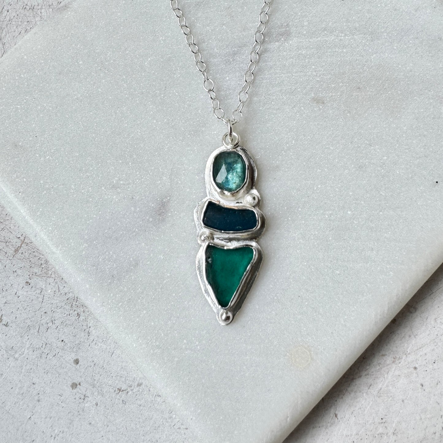 Teal & Blue Sea Glass & Ocean Kyanite Necklace
