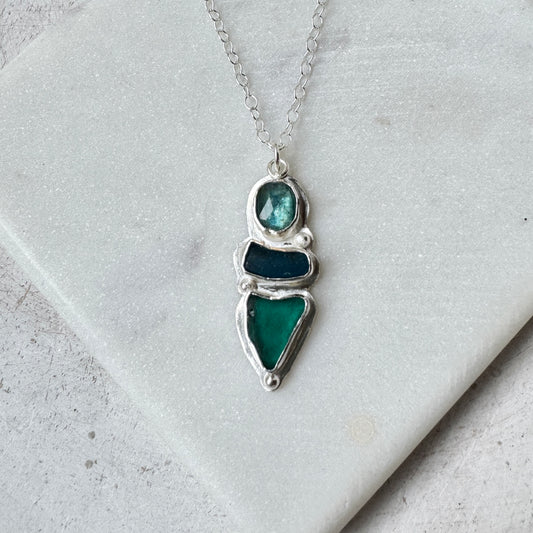 Teal & Blue Sea Glass & Ocean Kyanite Necklace