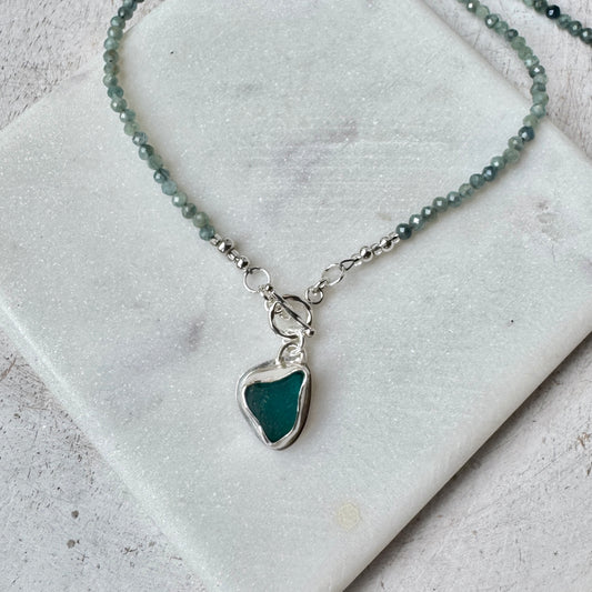 Teal Sea Glass Beaded Kyanite Gemstone Necklace