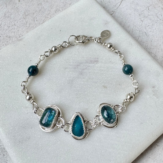 Teal Sea Glass & Bi-Color Kyanite Silver Bracelet