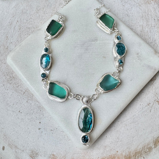 Teal Sea Glass, Bi-Color Kyanite & Blue Topaz Bezel Set Necklace