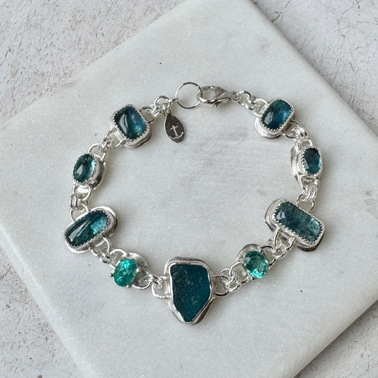 Teal Sea Glass, Blue Kyanite & Pariba Apatite Bracelet