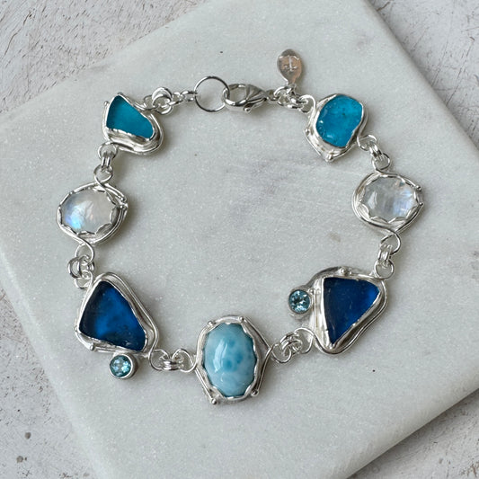 Teal Sea Glass, Larimar, Topaz & Moonstone Bracelet
