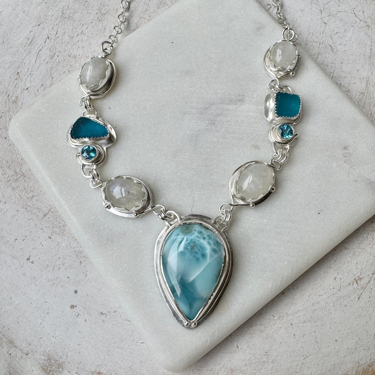 Teal Sea Glass, Larimar, Topaz & Moonstone Necklace