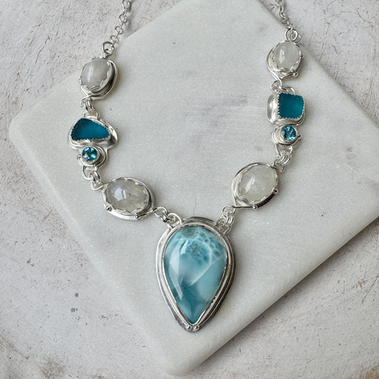 Teal Sea Glass, Larimar, Topaz & Moonstone Necklace