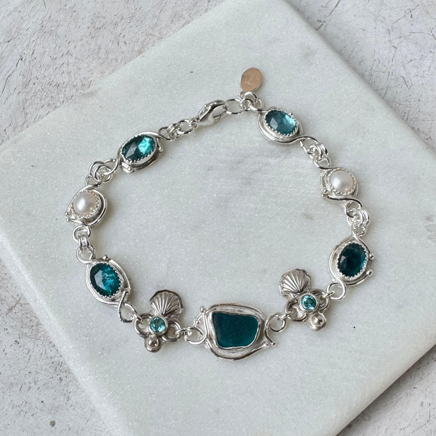 Teal Seaham Sea Glass, Pearl, Bi-Color Kyanite & Apatite Bracelet