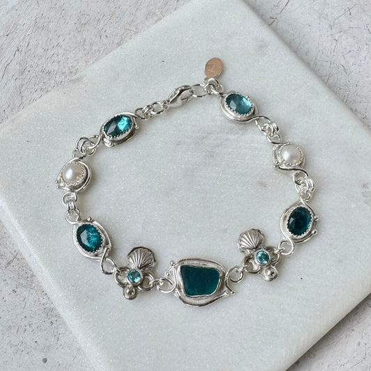Teal Seaham Sea Glass, Pearl, Bi-Color Kyanite & Apatite Bracelet