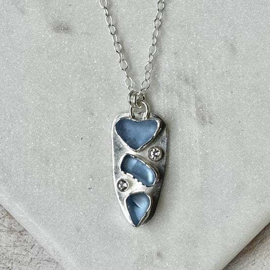 Triple Cornflower Sea Glass & Amethyst Necklace