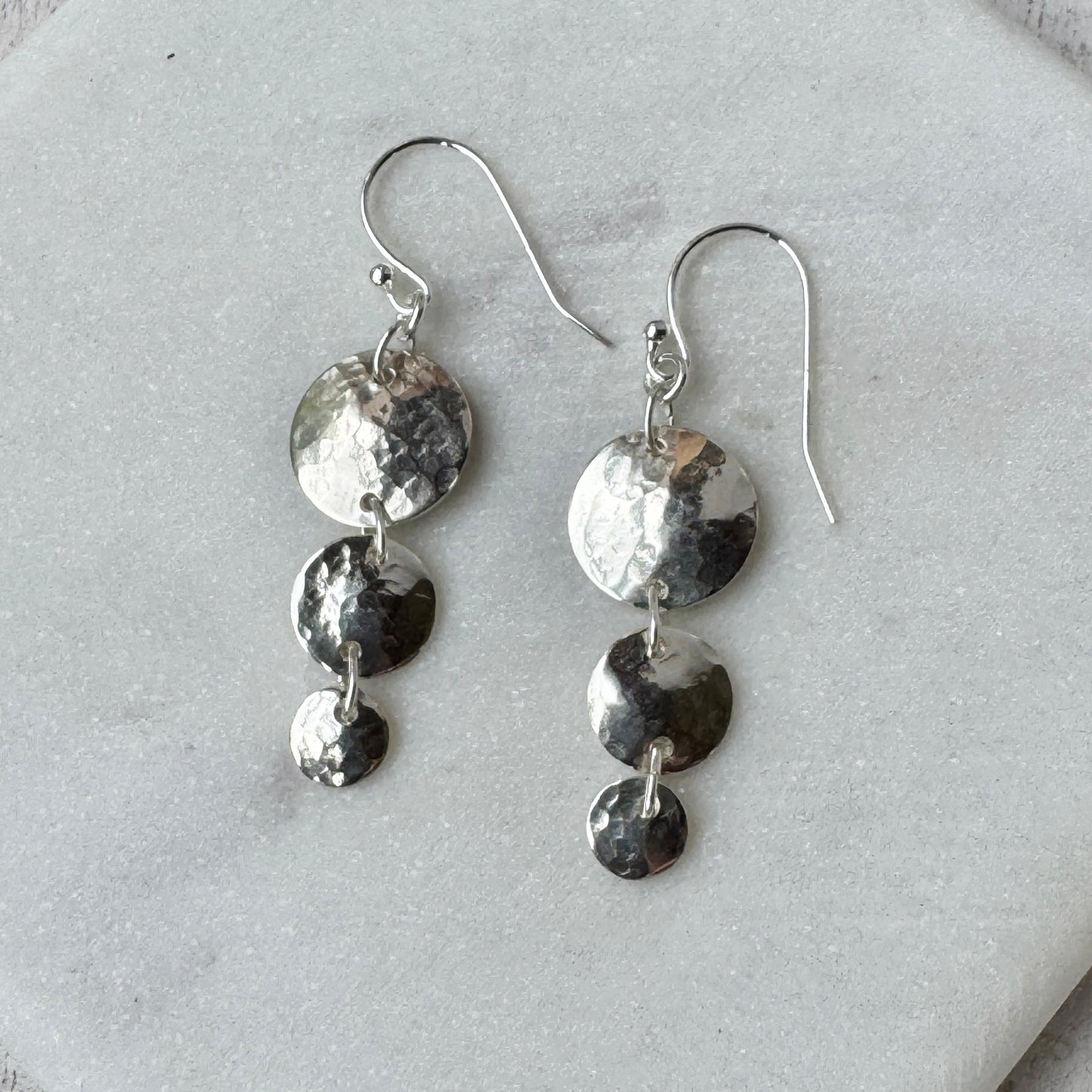 Triple Disk Silver Hammered Earrings