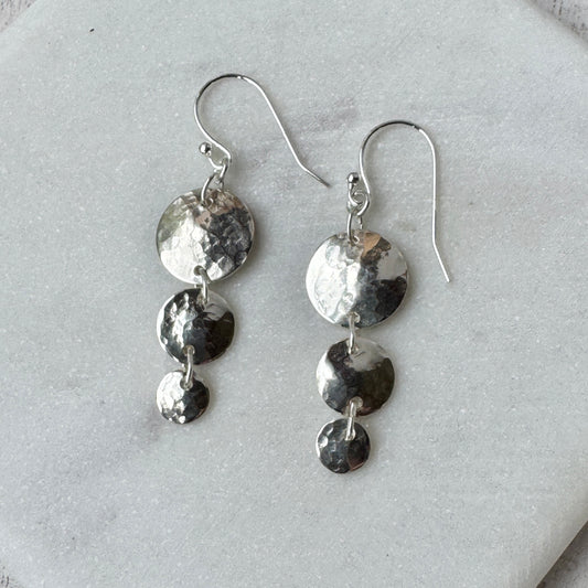 Triple Disk Silver Hammered Earrings