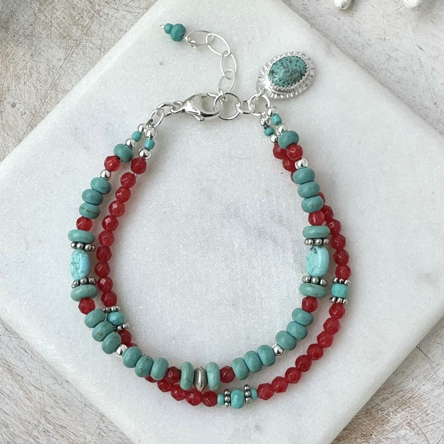 Turquoise & Red Jade Double Bracelet