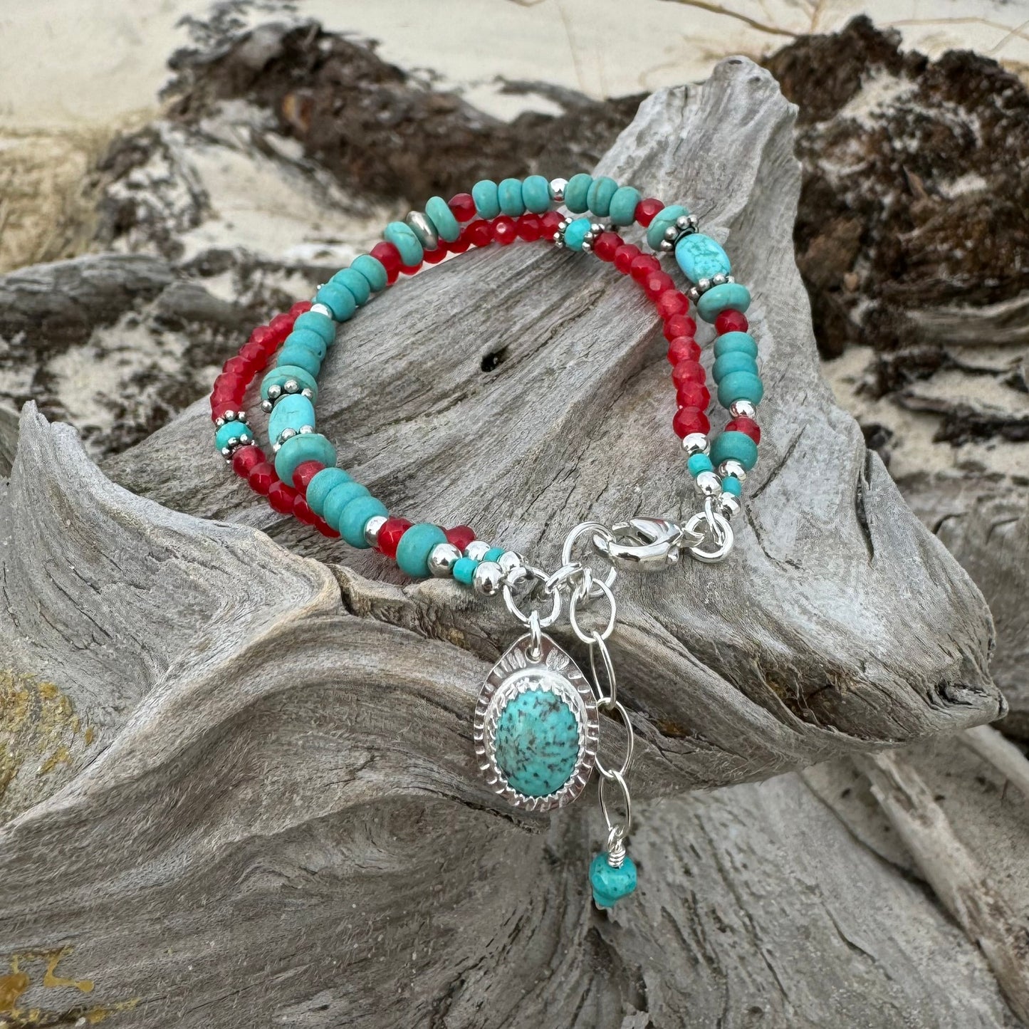 Turquoise & Red Jade Double Bracelet