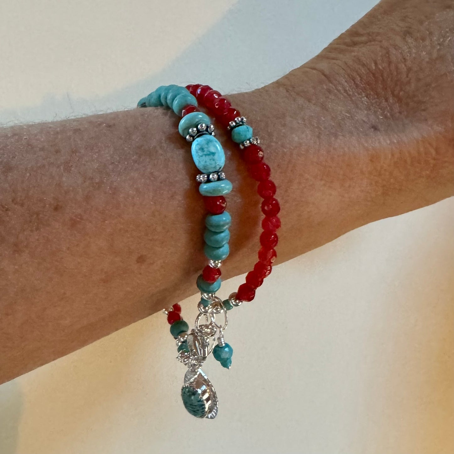 Turquoise & Red Jade Double Bracelet