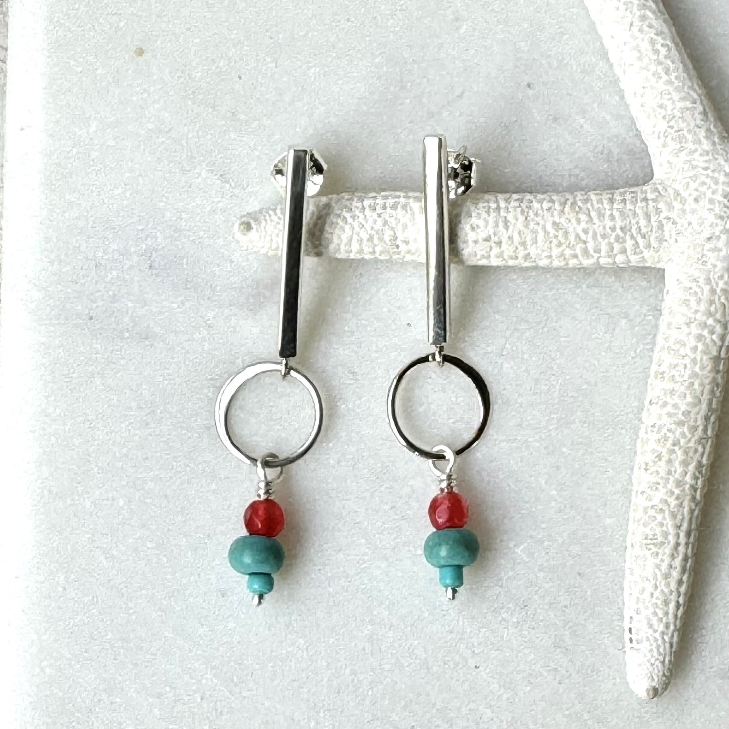 Turquoise & Red Jade Silver Earrings