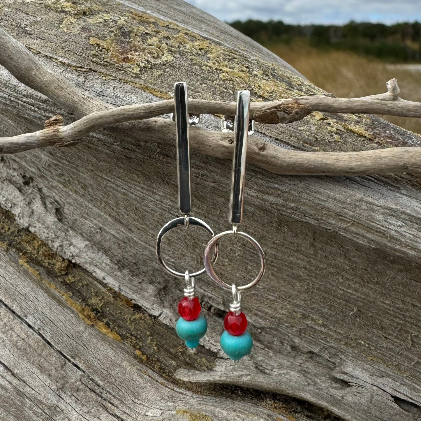 Turquoise & Red Jade Silver Earrings