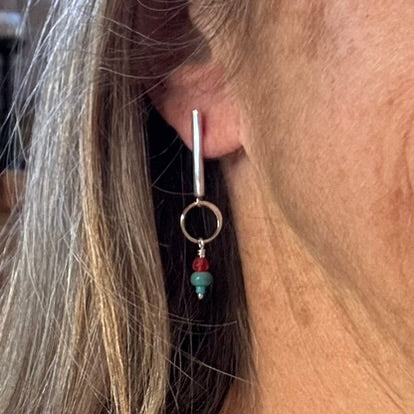 Turquoise & Red Jade Silver Earrings