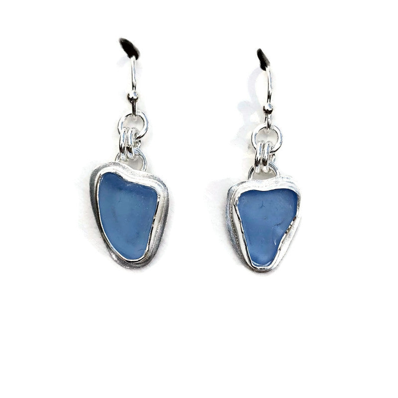 Cornflower Blue Sea Glass Bezel Set Earrings