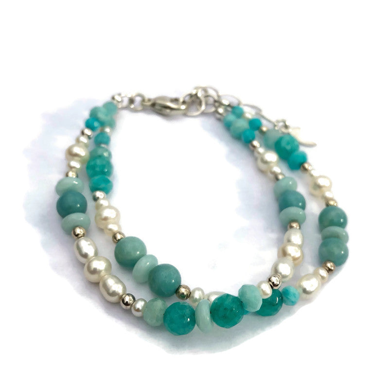 Amazonite & Pearl Double Strand Bracelet