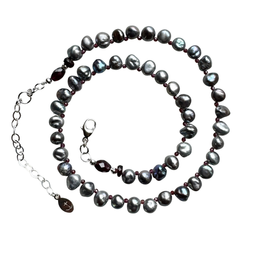 Grey Freshwater Pearl and Garnet Necklace
