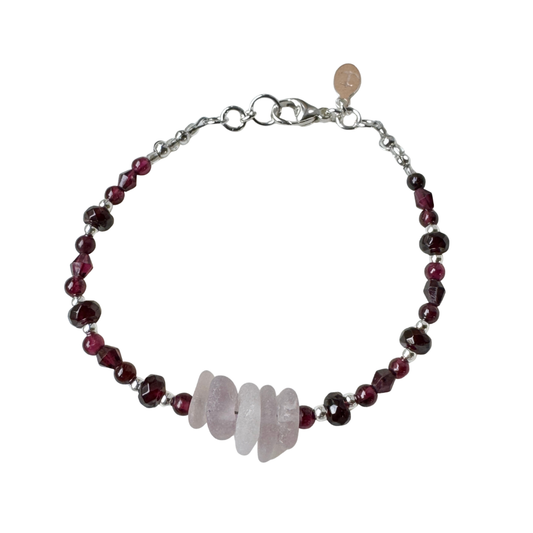 Lavender Sea Glass, Garnet & Freshwater Pearl Bracelet