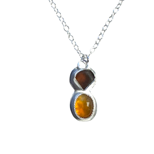 Amber Sea Glass & Hessonite  Garnet Necklace