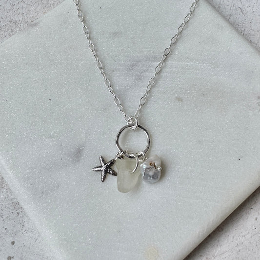 White Sea Glass, Pearl & Charm Necklace