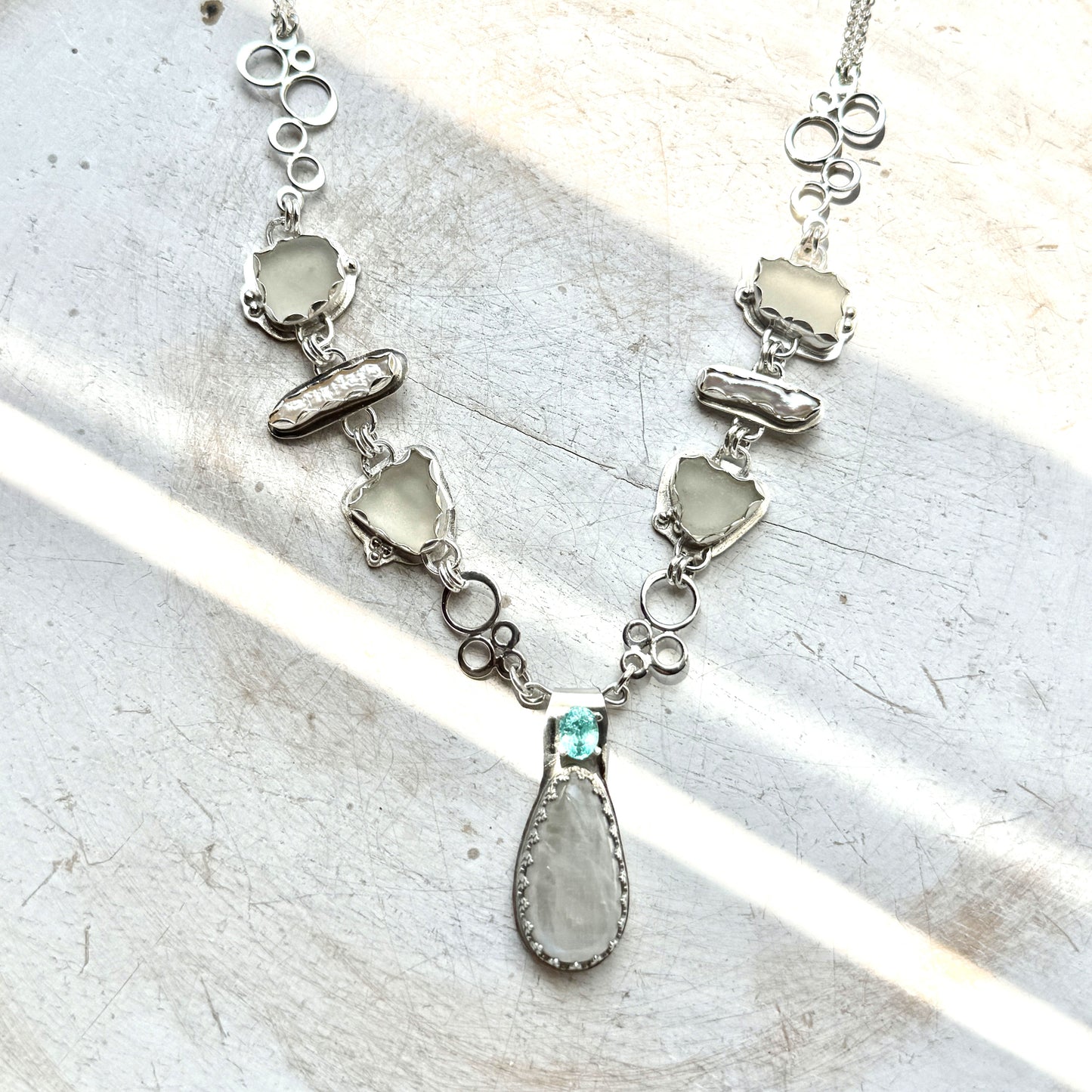 White Sea Glass with Freshwater Pearls, Moonstone & Apatite Necklace